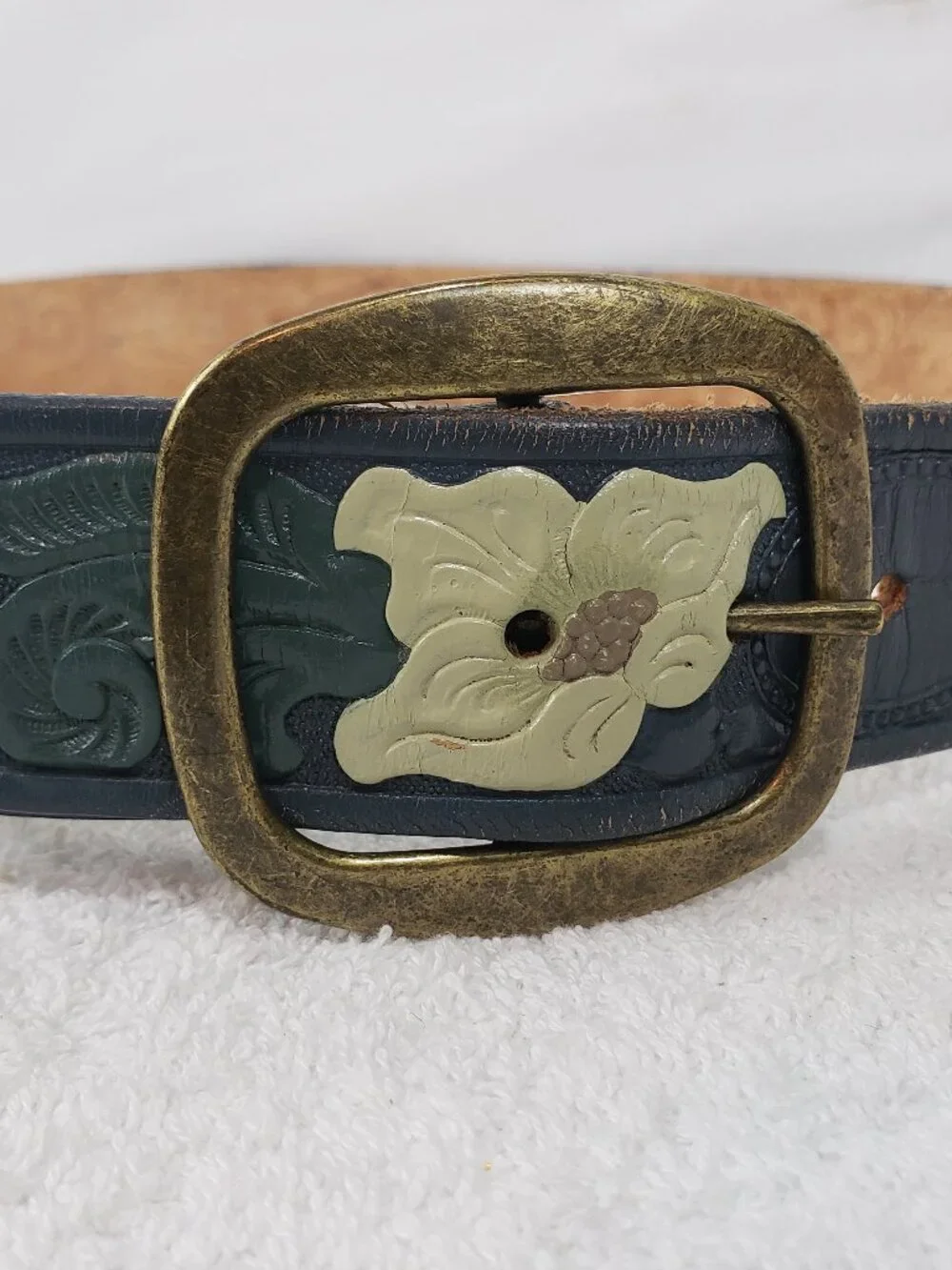 Beth Frank Hand‑Tooled Leather Belt – Floral Design – Size 36